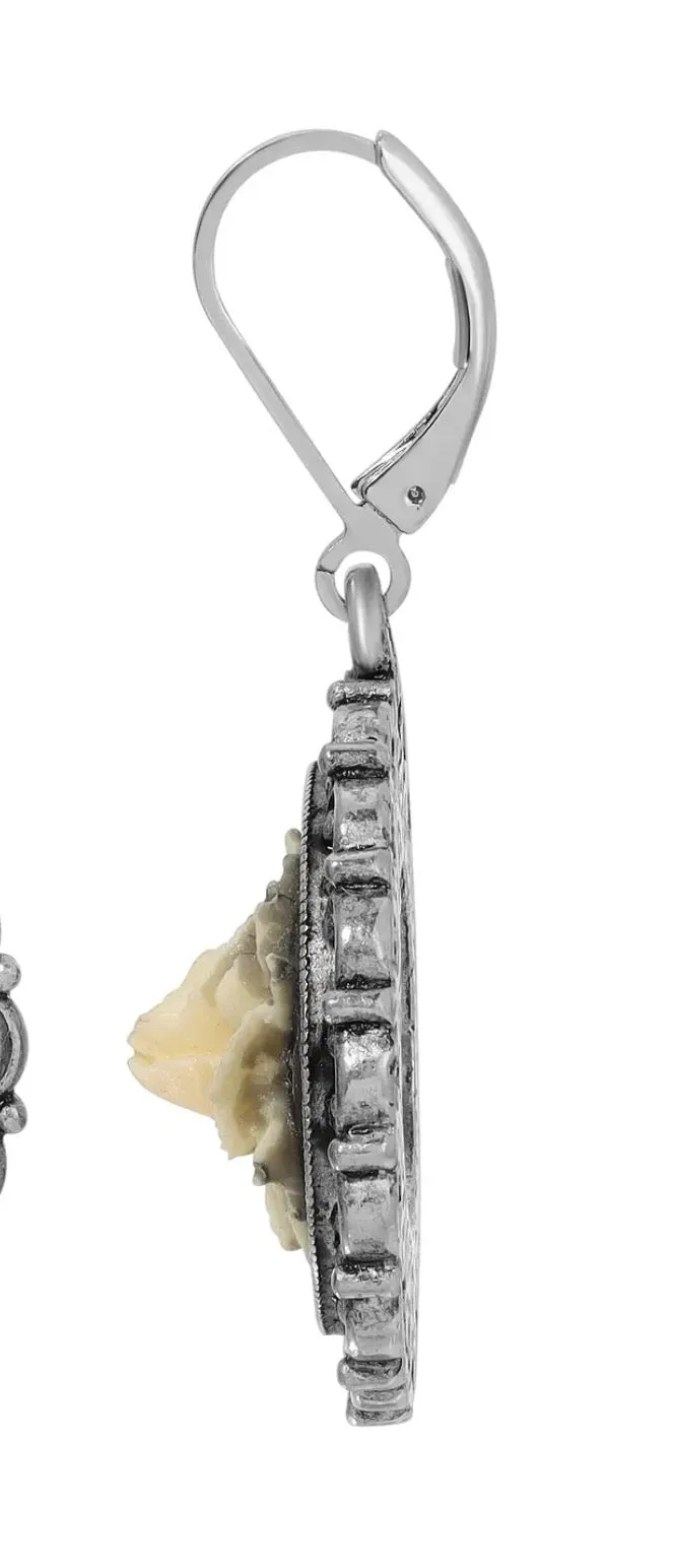 Ivory White Flower Cameo Drop Earrings