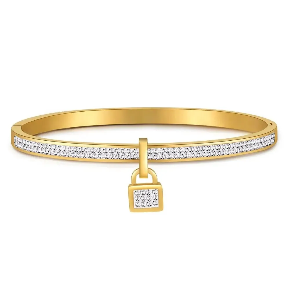 Ladies Luxury Crystal Lock Pendant Titanium Steel Bracelet Bangles