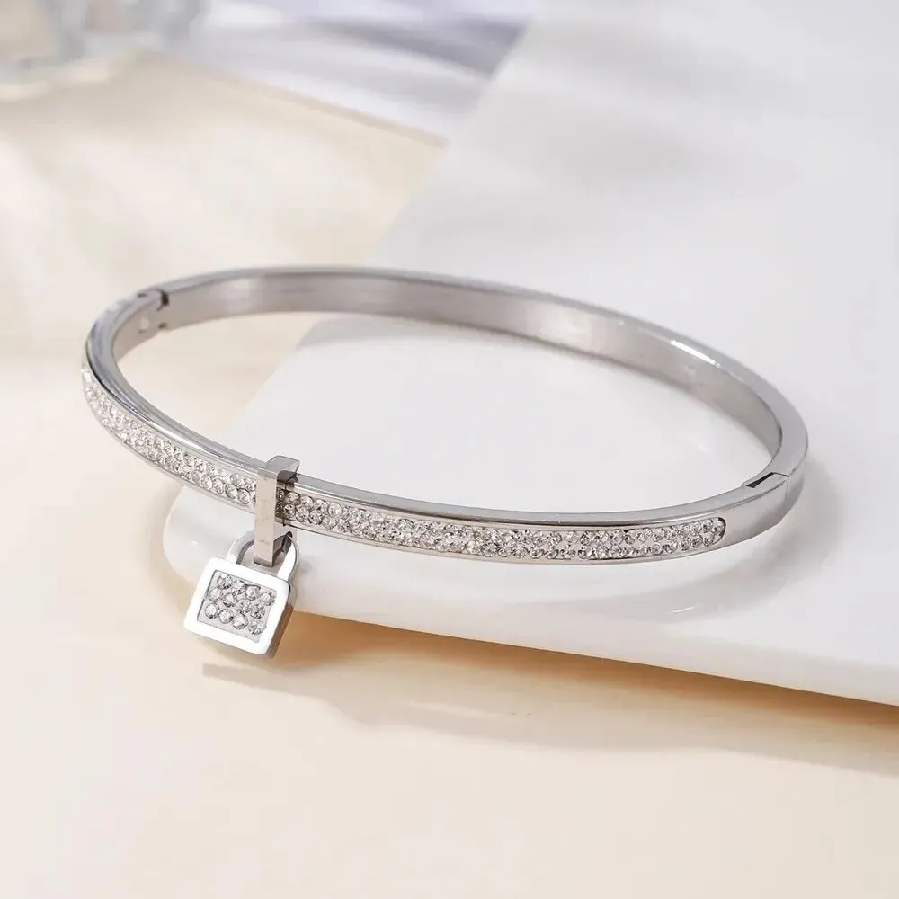 Ladies Luxury Crystal Lock Pendant Titanium Steel Bracelet Bangles