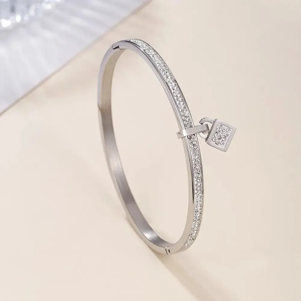 Ladies Luxury Crystal Lock Pendant Titanium Steel Bracelet Bangles