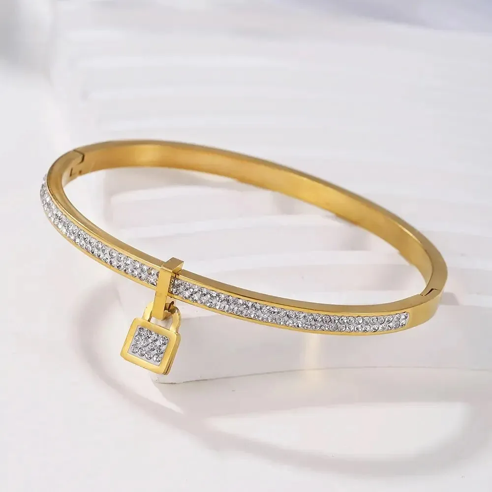 Ladies Luxury Crystal Lock Pendant Titanium Steel Bracelet Bangles