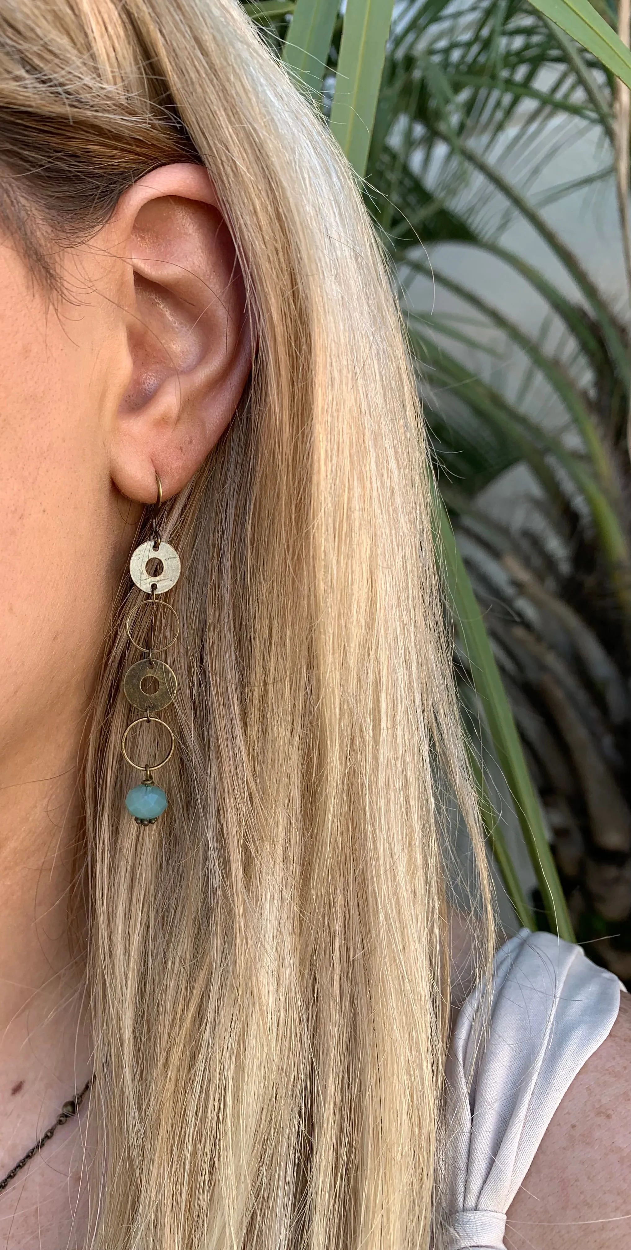 Long Brass Earrings with Aqua drop