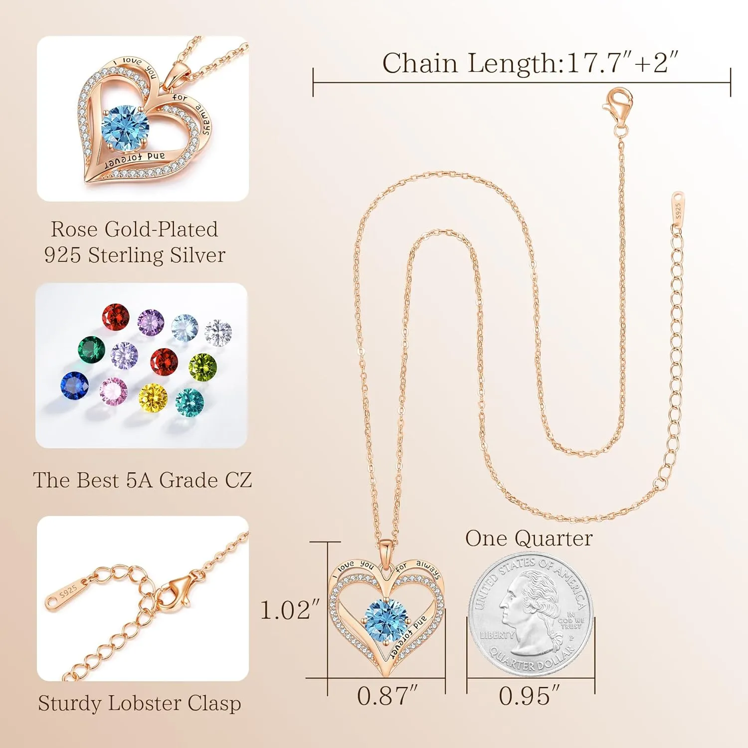 LOUISA SECRET Love Heart Birthstone Necklaces for Women, Birthday Gift for Women, Anniversary Jewelry for Wife Her, 925 Sterling Silver Pendant Necklace, Mother's Day Gift
