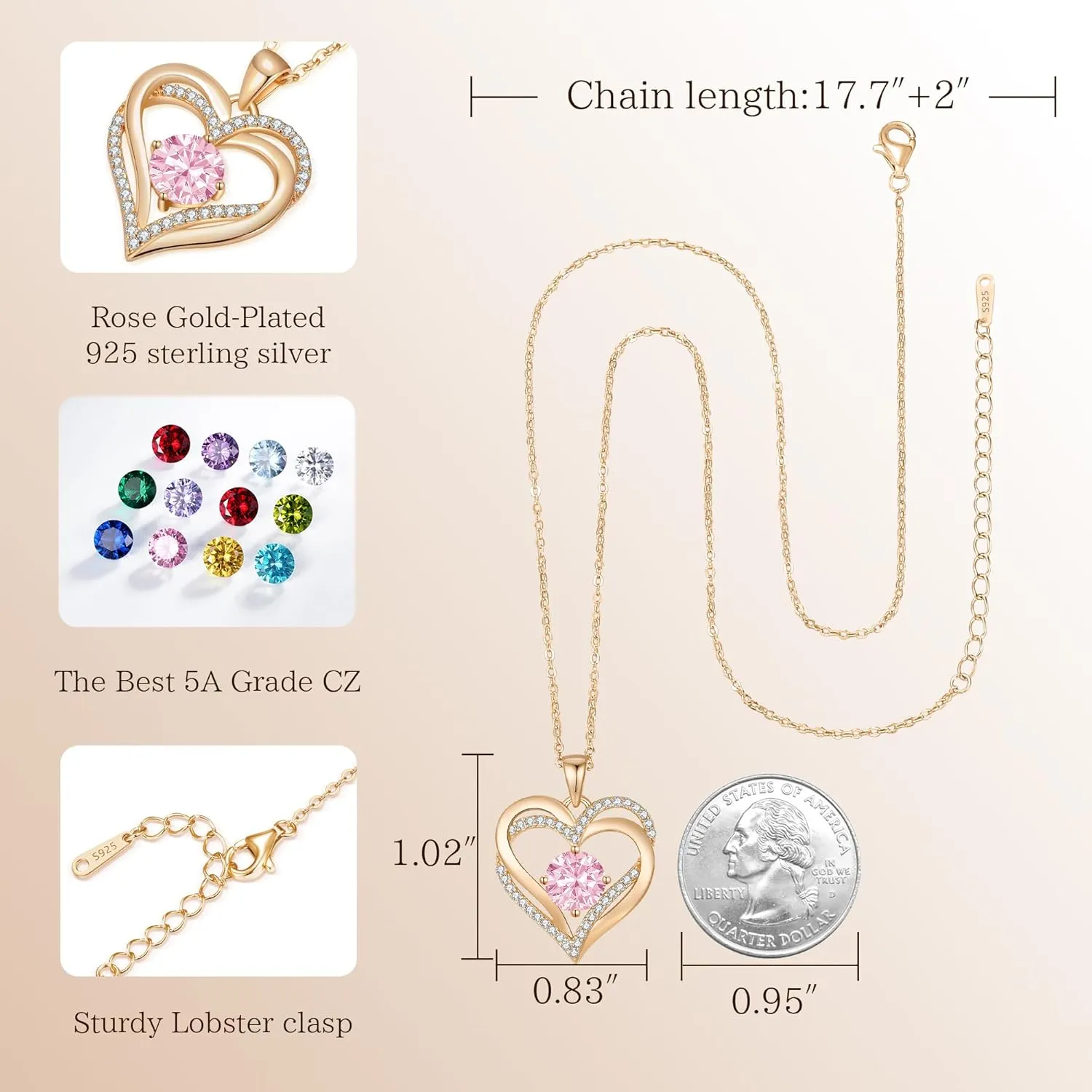 LOUISA SECRET Love Heart Birthstone Necklaces for Women, Birthday Gift for Women, Anniversary Jewelry for Wife Her, 925 Sterling Silver Pendant Necklace, Mother's Day Gift