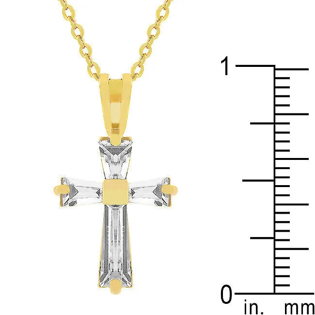 LOVCIA Baguette Cubic Zirconia Cross Pendant in 18k Goldtone Finish
