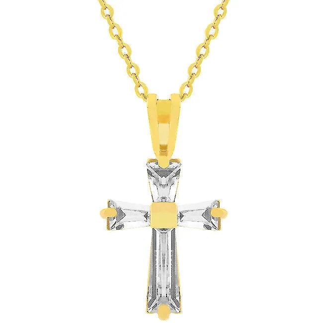 LOVCIA Baguette Cubic Zirconia Cross Pendant in 18k Goldtone Finish