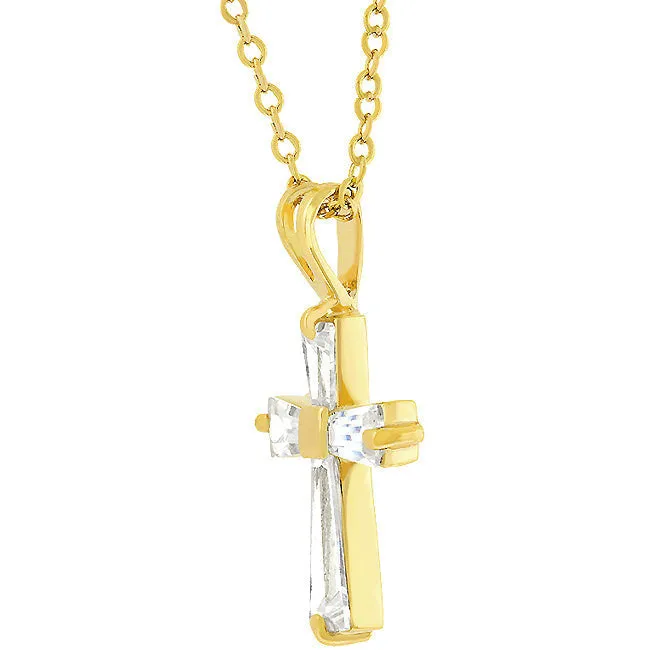 LOVCIA Baguette Cubic Zirconia Cross Pendant in 18k Goldtone Finish