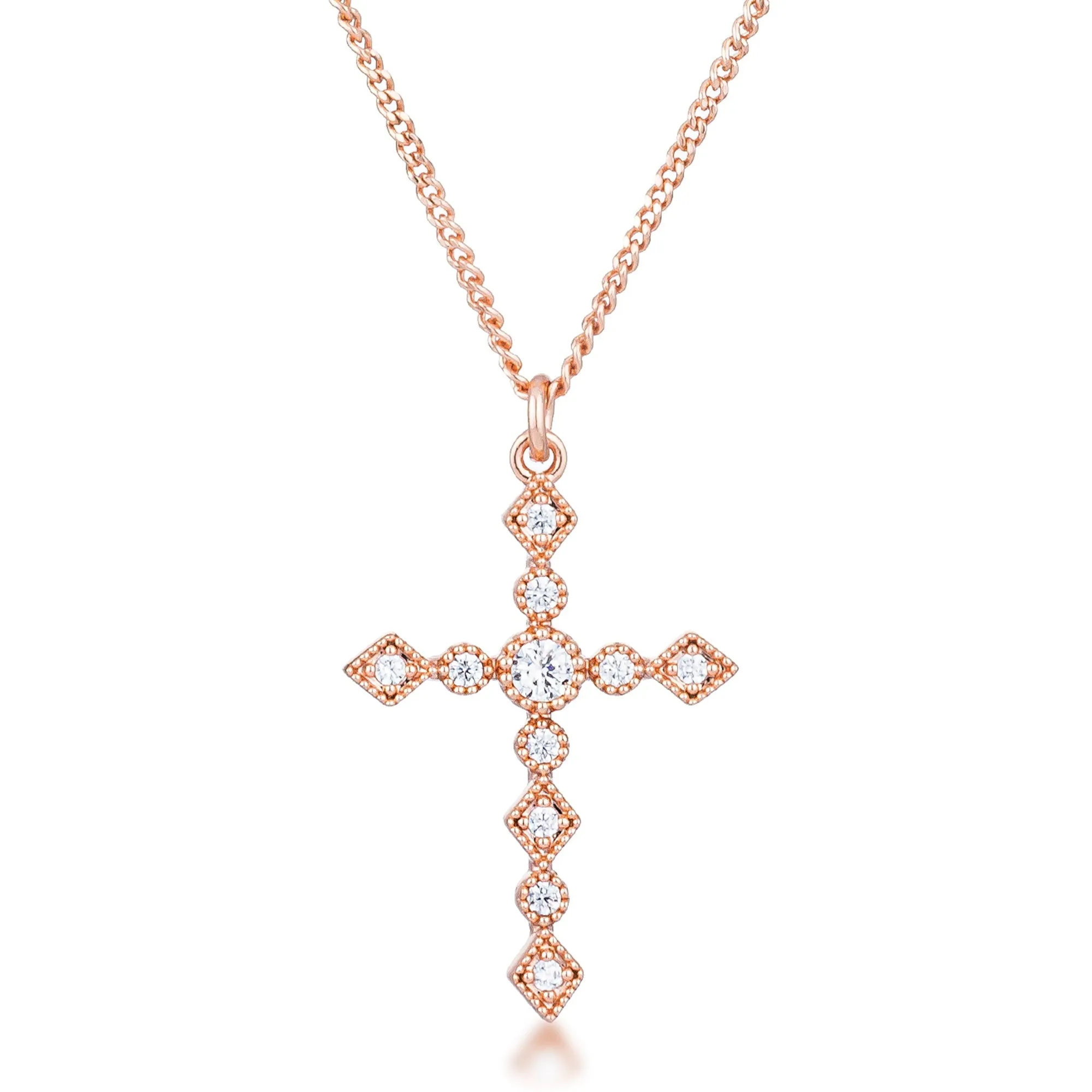 LOVCIA Elegant Art Deco Rose Gold Cross Pendant with Clear CZ Accents