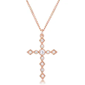 LOVCIA Elegant Art Deco Rose Gold Cross Pendant with Clear CZ Accents