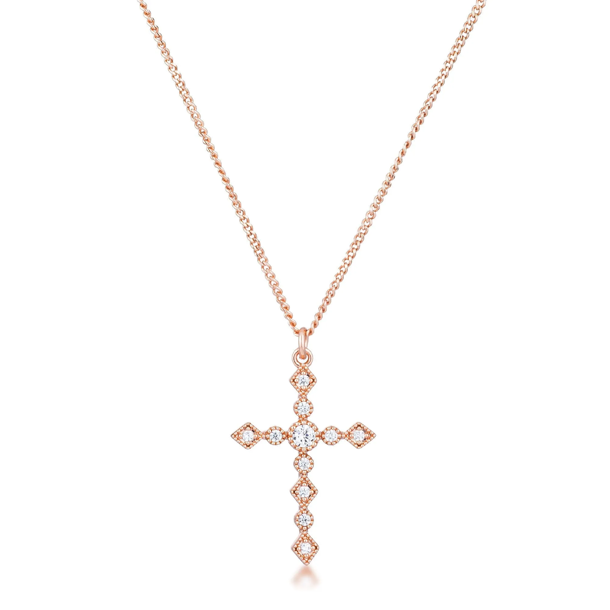 LOVCIA Elegant Art Deco Rose Gold Cross Pendant with Clear CZ Accents