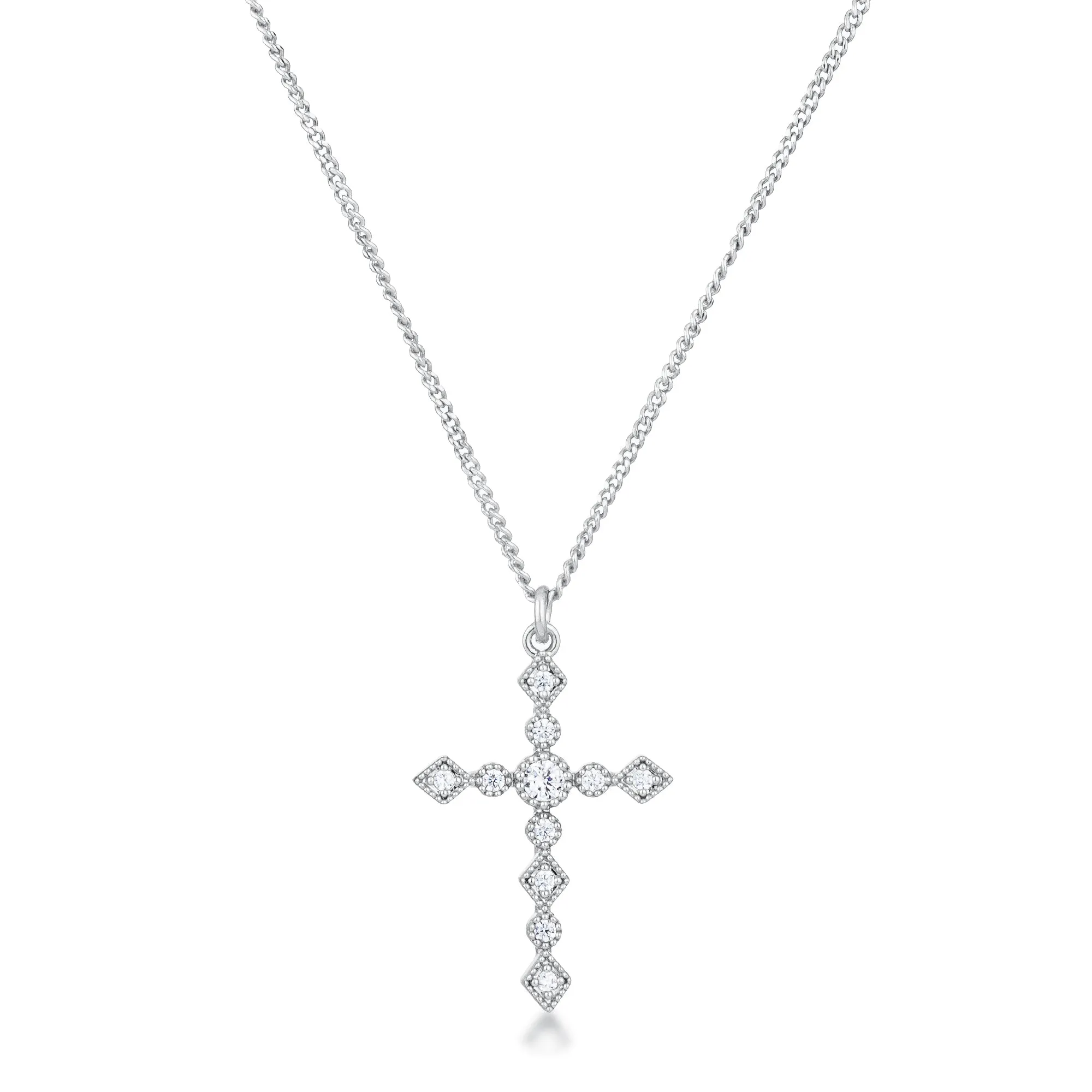 LOVCIA Elegant Art Deco Silvertone CZ Cross Necklace