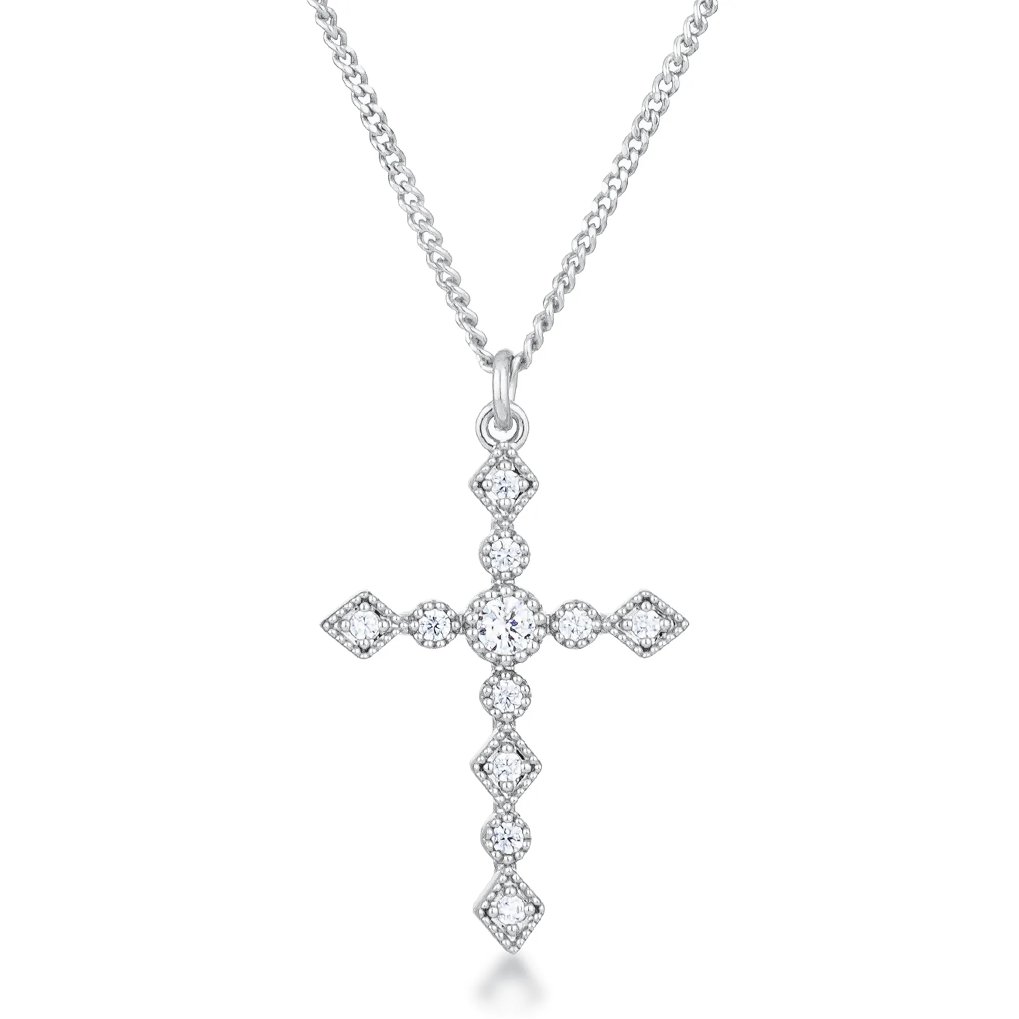 LOVCIA Elegant Art Deco Silvertone CZ Cross Necklace