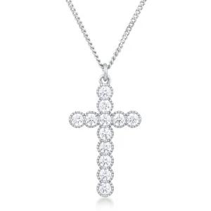 LOVCIA Micro Beaded Silvertone Cross Pendant with Clear Cubic Zirconia