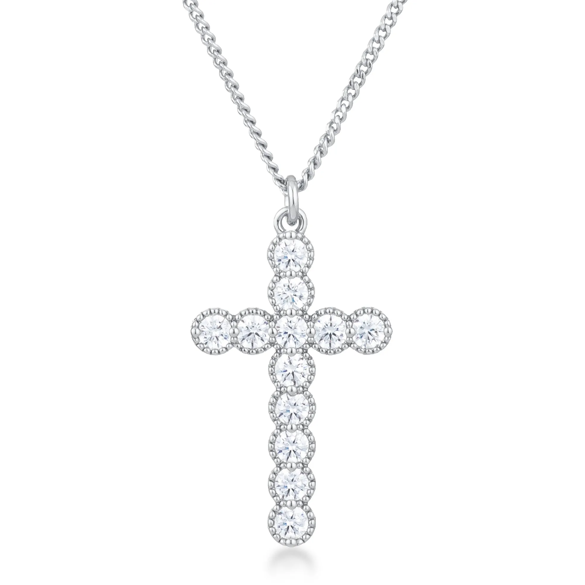 LOVCIA Micro Beaded Silvertone Cross Pendant with Clear Cubic Zirconia