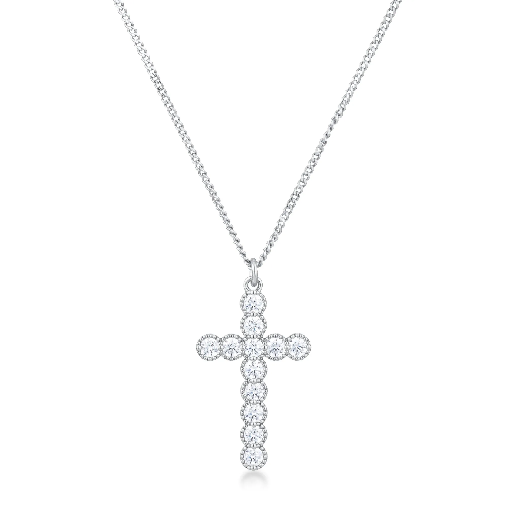 LOVCIA Micro Beaded Silvertone Cross Pendant with Clear Cubic Zirconia