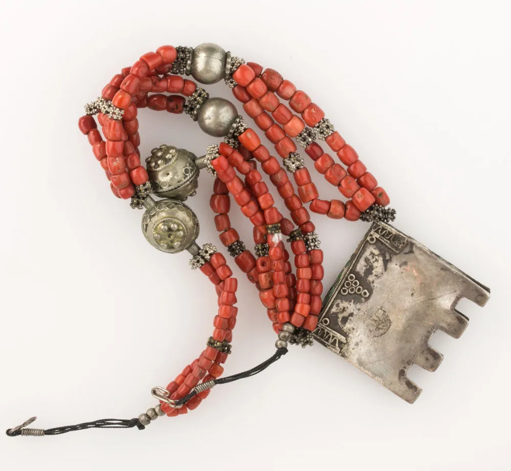 Moroccan Berber necklace, enameled amulet box, Mediterranean coral, silver beads. j-nlet813cse