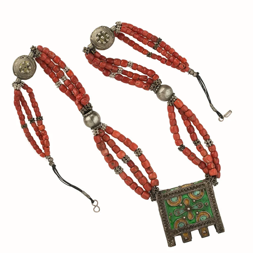 Moroccan Berber necklace, enameled amulet box, Mediterranean coral, silver beads. j-nlet813cse