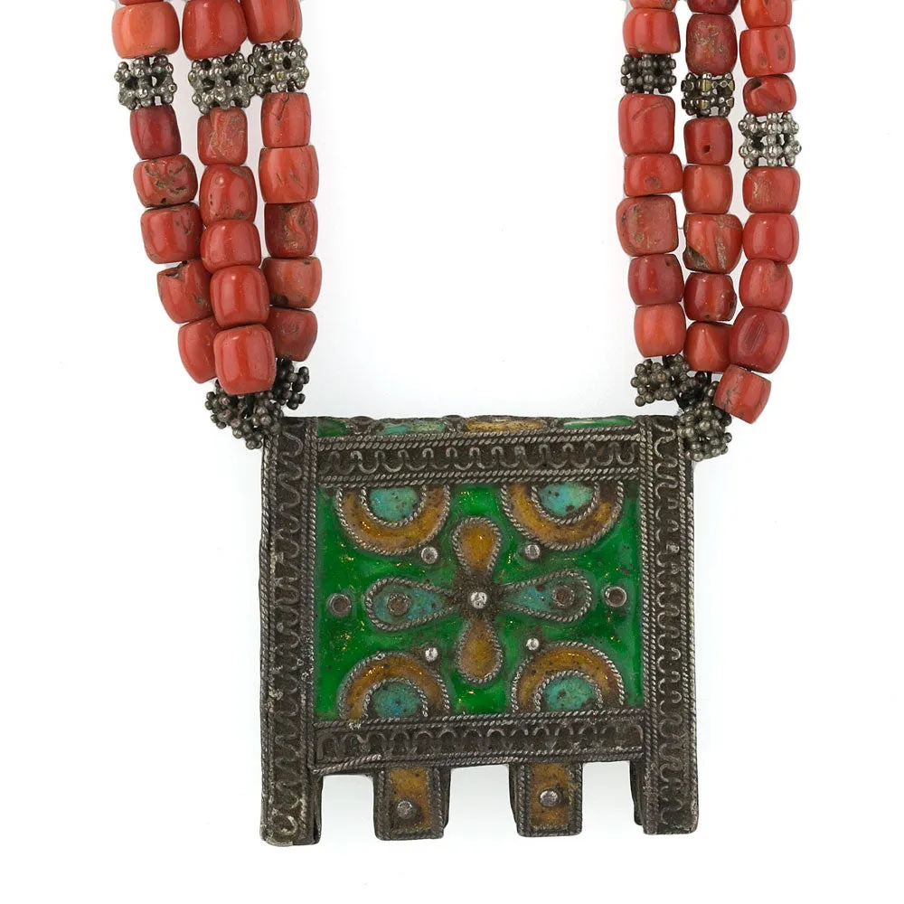 Moroccan Berber necklace, enameled amulet box, Mediterranean coral, silver beads. j-nlet813cse