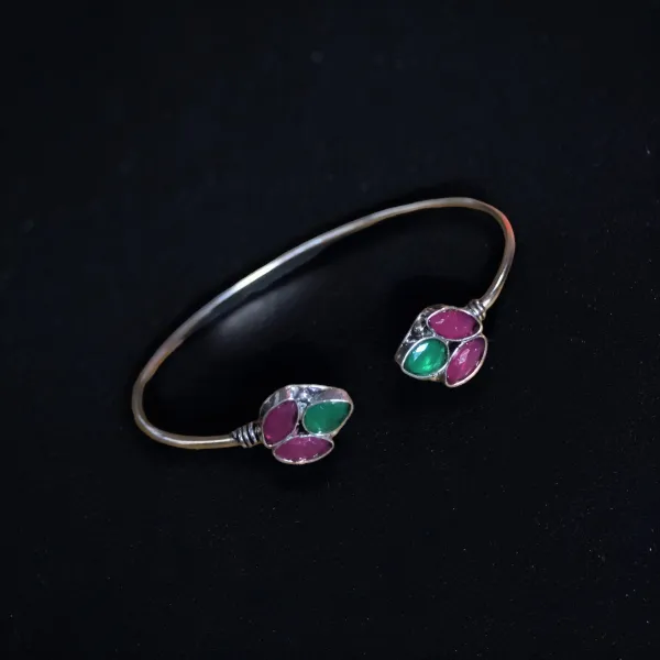 Multi German Silver Stone Studded Kada Bracelet, Pink / Green