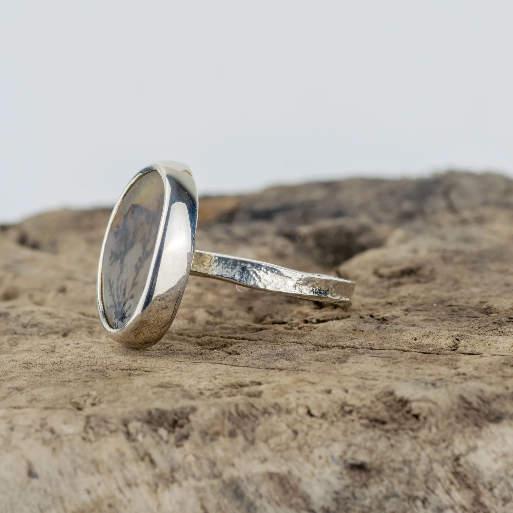No.171 - Silver Oval Dendritic Agate Ring - Size S