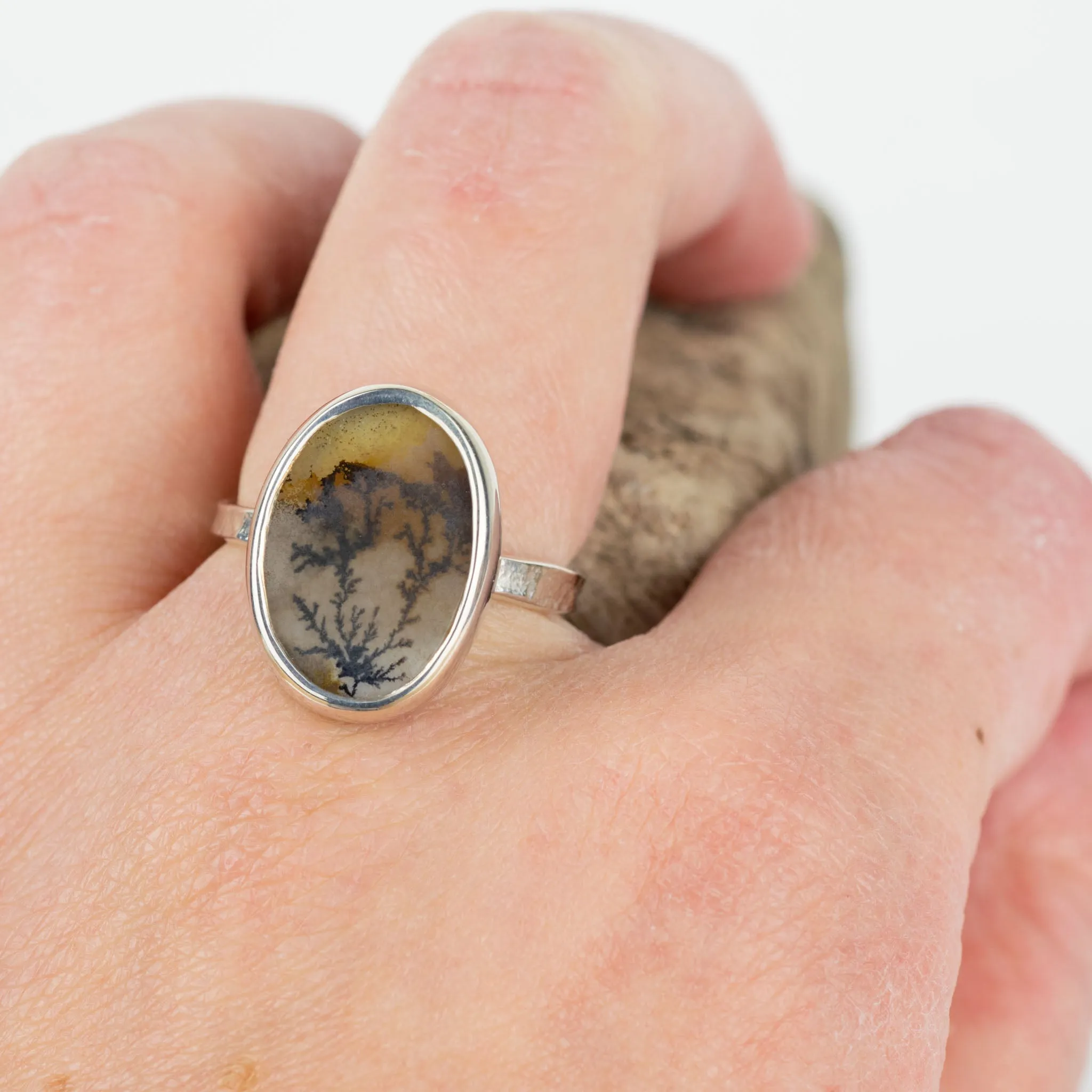 No.171 - Silver Oval Dendritic Agate Ring - Size S