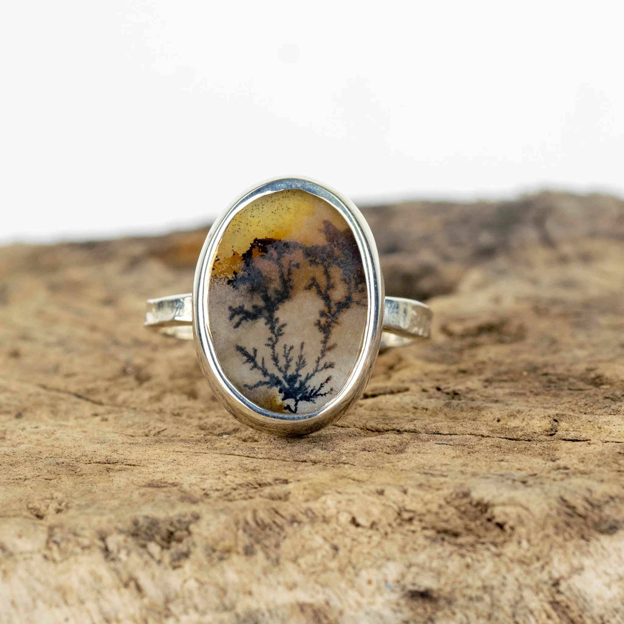 No.171 - Silver Oval Dendritic Agate Ring - Size S