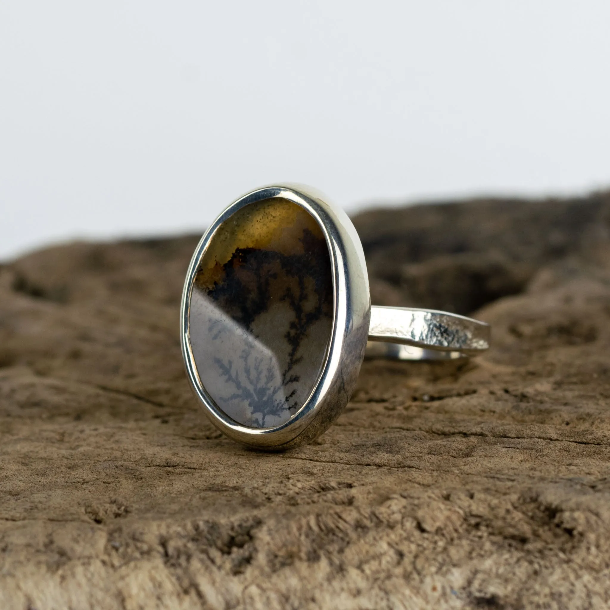 No.171 - Silver Oval Dendritic Agate Ring - Size S
