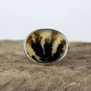 No.172 - Silver Dendritic Agate Oval Ring - Size S