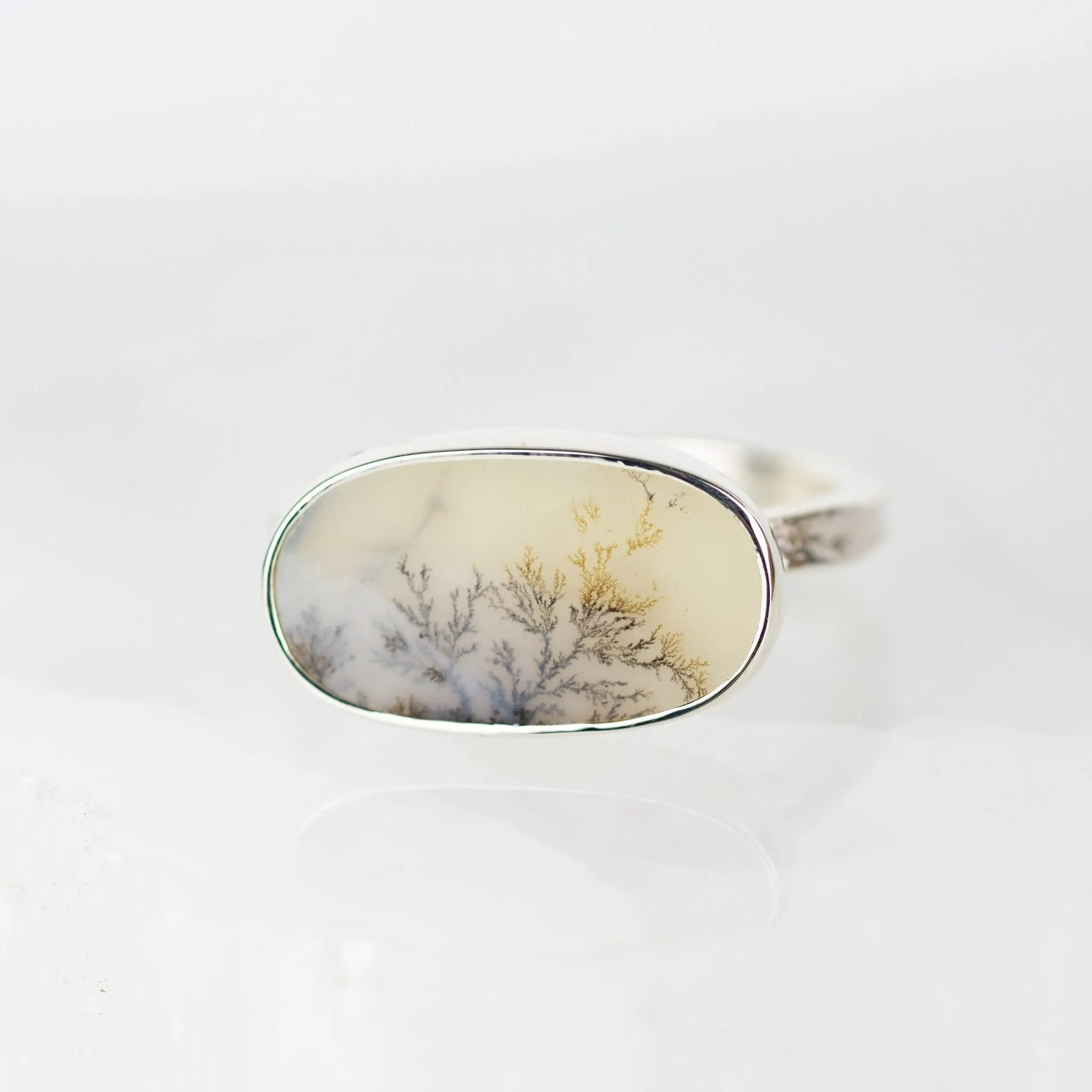 No.41 - Silver Dendritic Agate Oval Ring - Size V