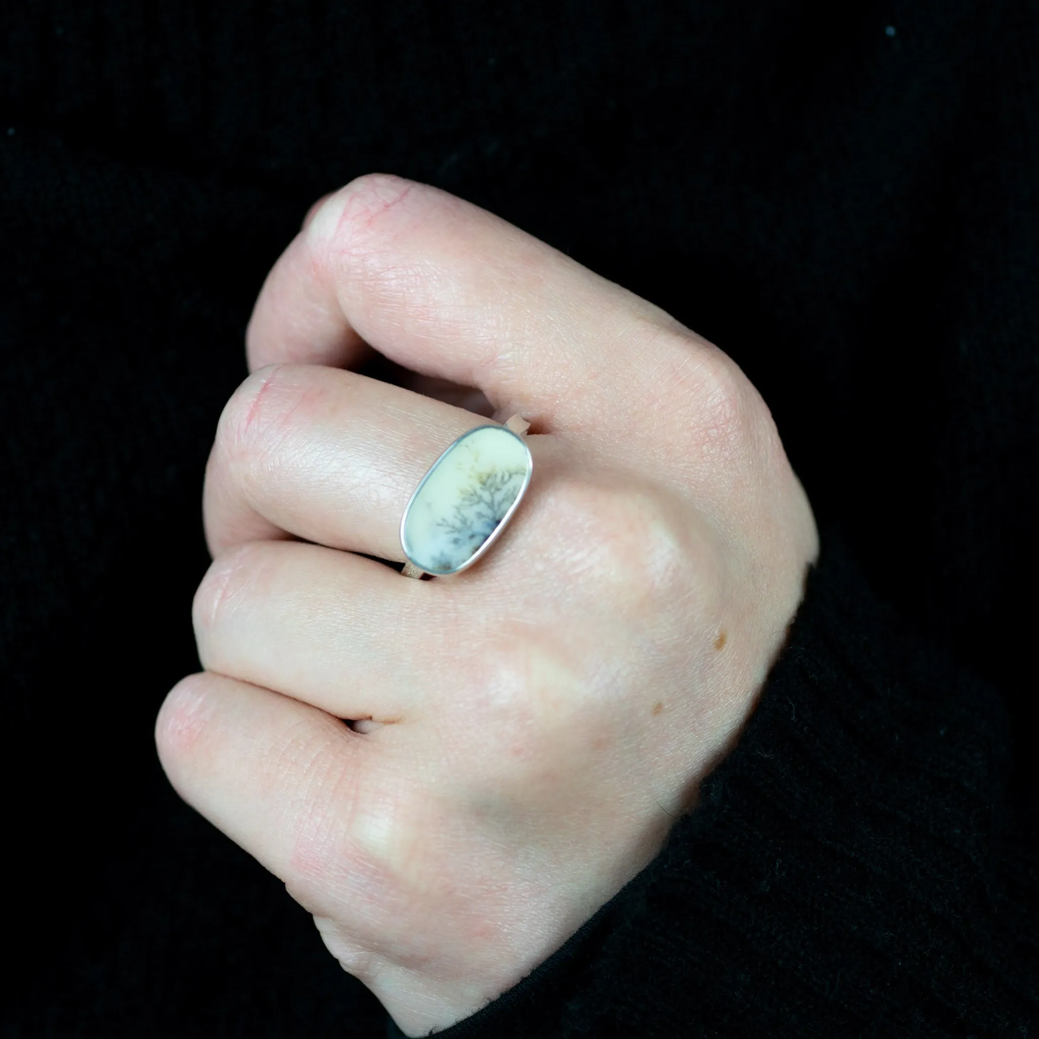 No.41 - Silver Dendritic Agate Oval Ring - Size V