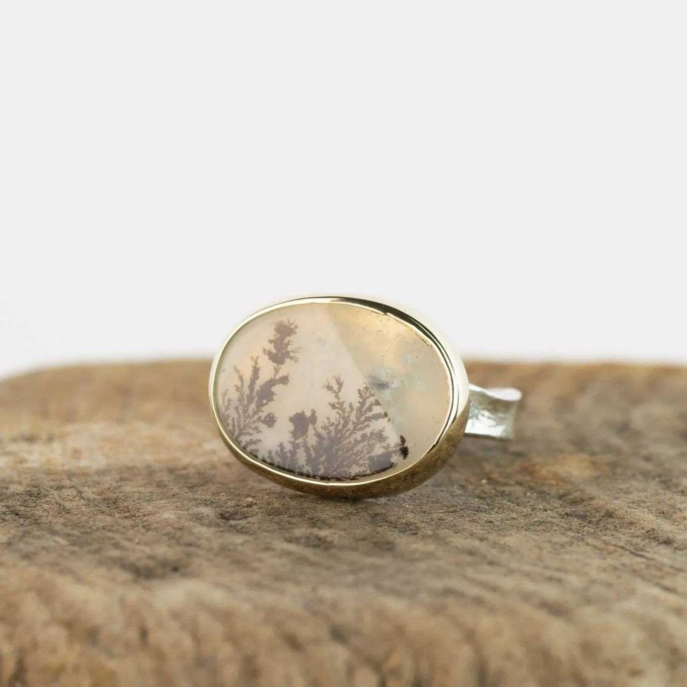 No.842 - Silver and Solid Gold Dendritic Agate Ring - Size N 1/2