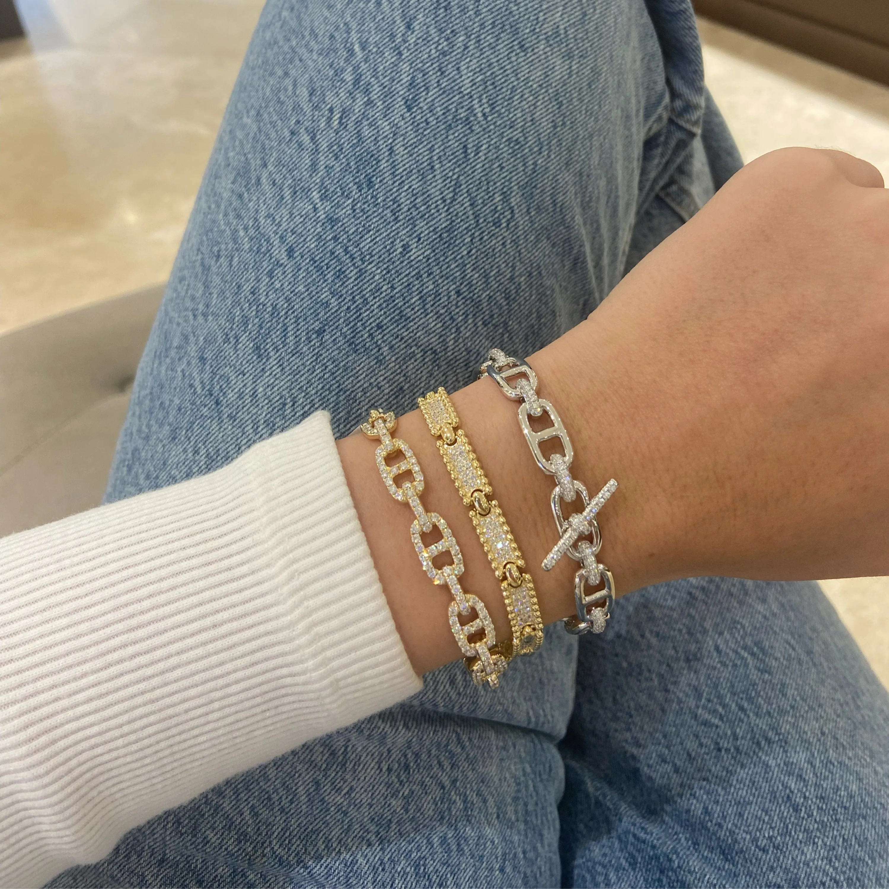 Pave Diamond Toggle Chain Link Bangle Bracelet