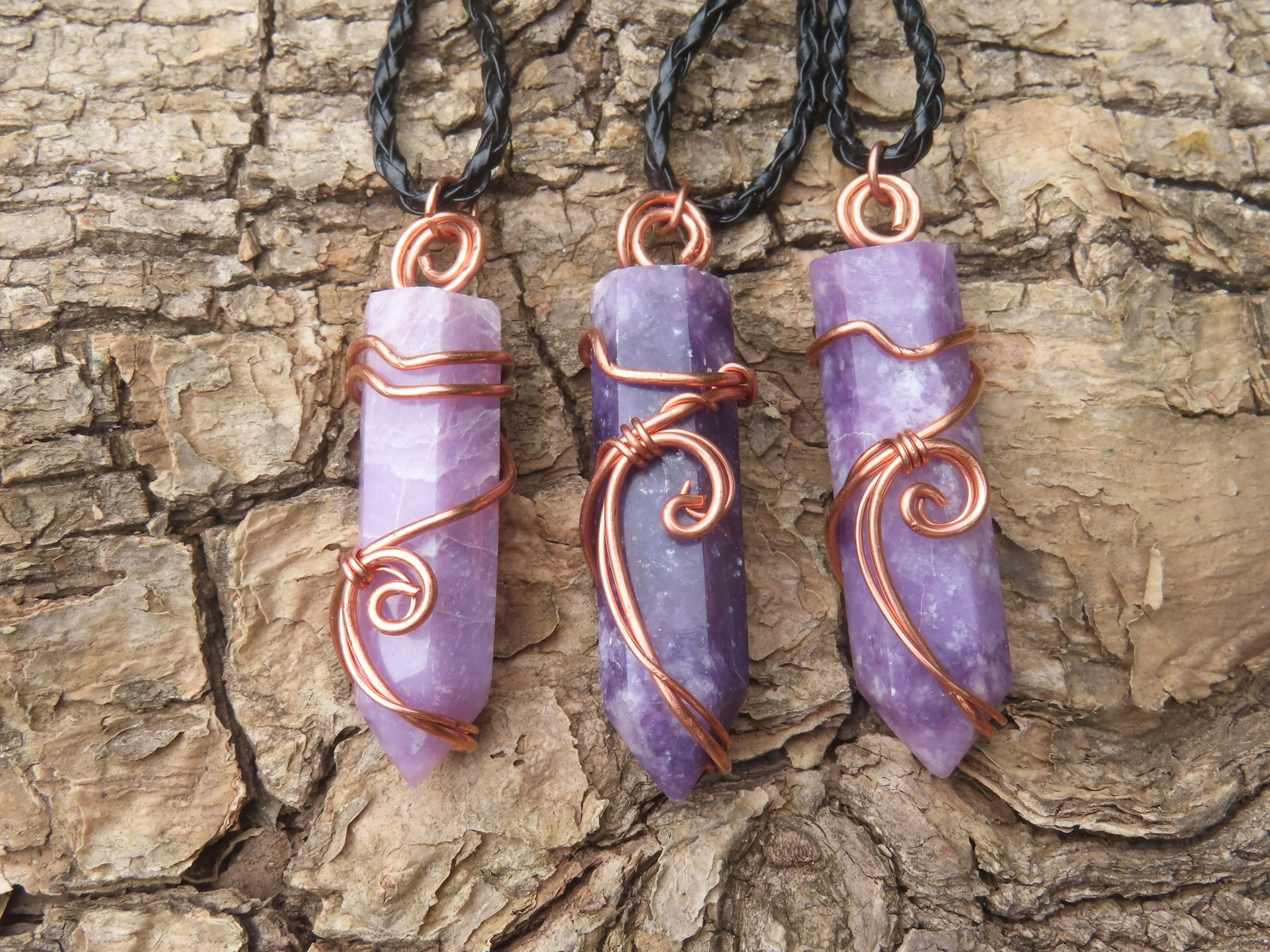 Polished Lepidolite Crystal In Copper Art Wire Wrap With Thong - sold per piece From Zimbabwe