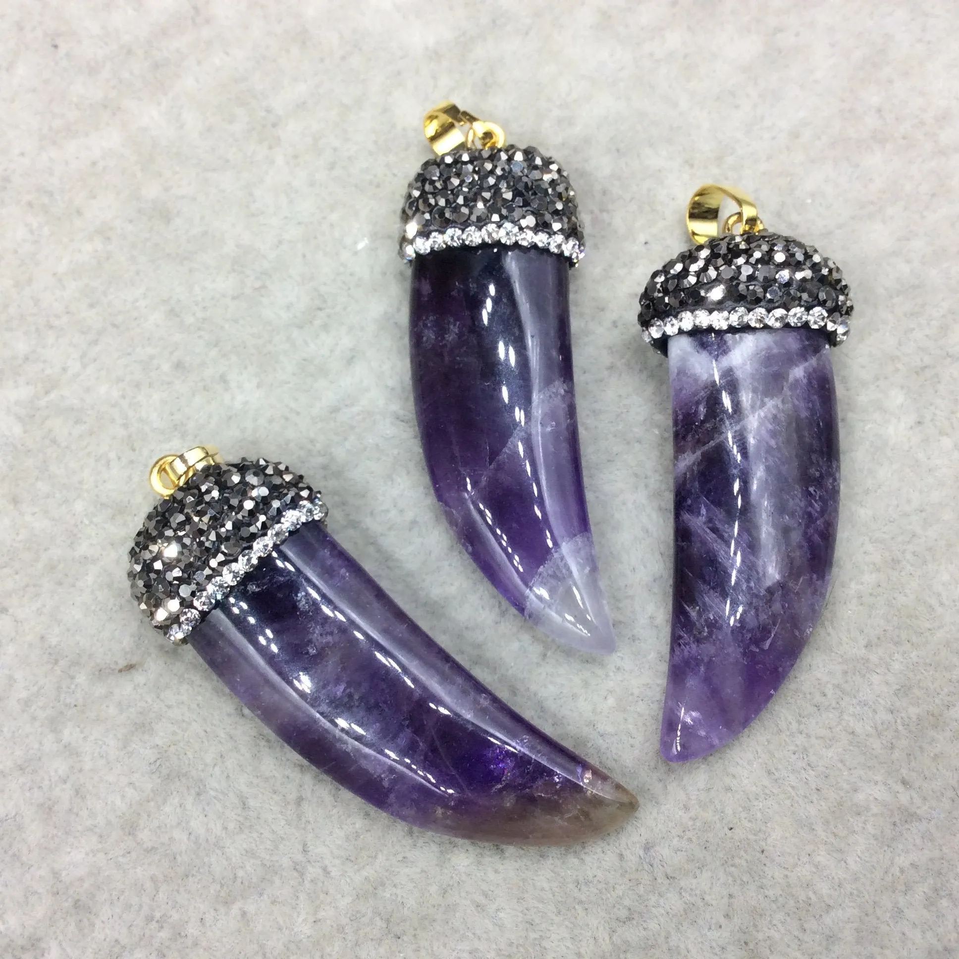 Rhinestone Encrusted Tusk/Claw Shaped Purple/Clear Colored Amethyst Pendant W Gold Bail -  ~ 19mm x 43mm, Approx. - Sold Individually