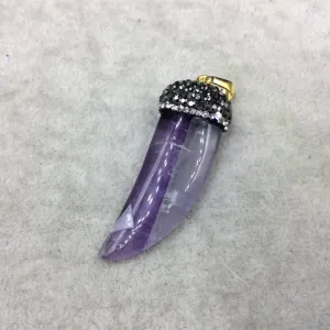 Rhinestone Encrusted Tusk/Claw Shaped Purple/Clear Colored Amethyst Pendant W Gold Bail -  ~ 19mm x 43mm, Approx. - Sold Individually