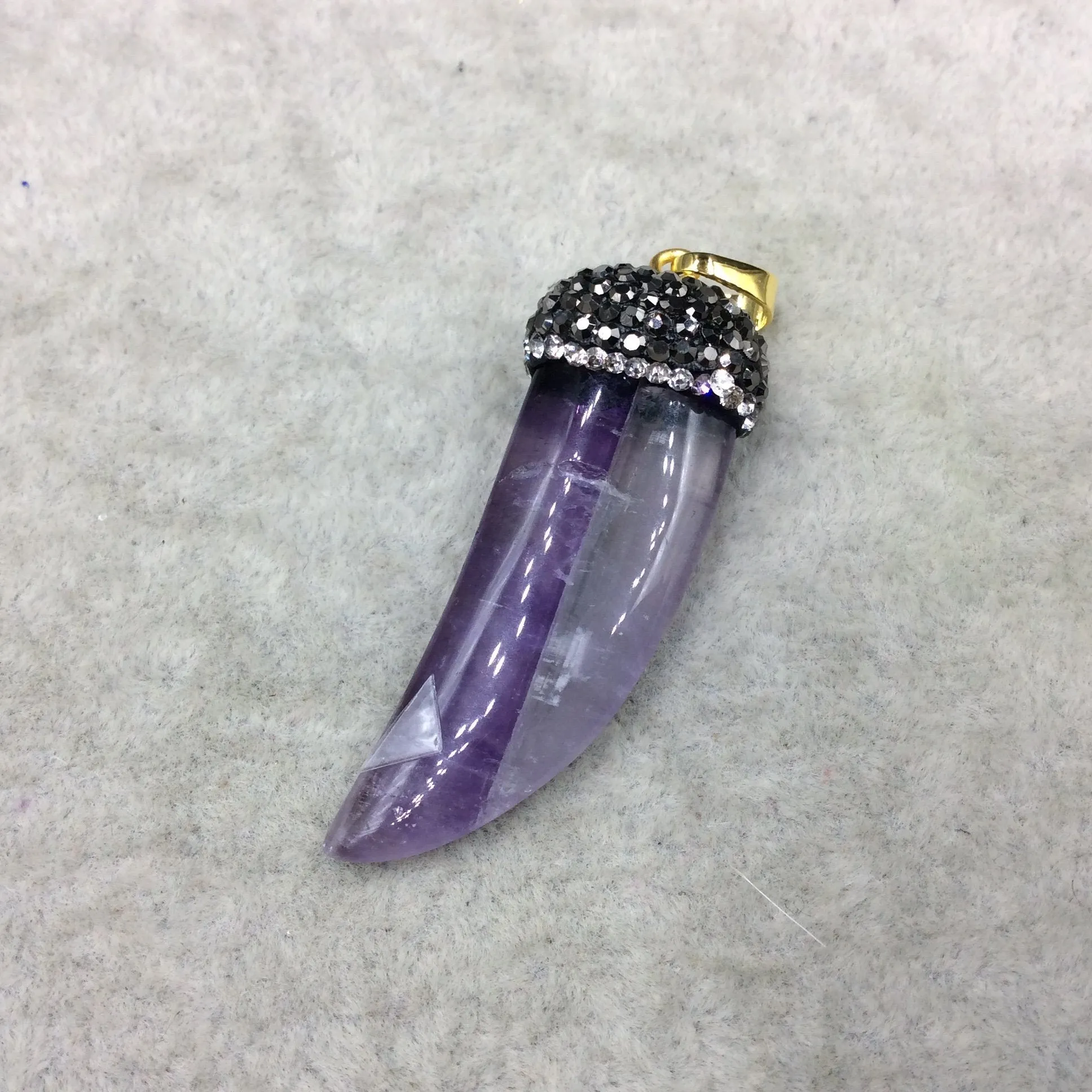 Rhinestone Encrusted Tusk/Claw Shaped Purple/Clear Colored Amethyst Pendant W Gold Bail -  ~ 19mm x 43mm, Approx. - Sold Individually