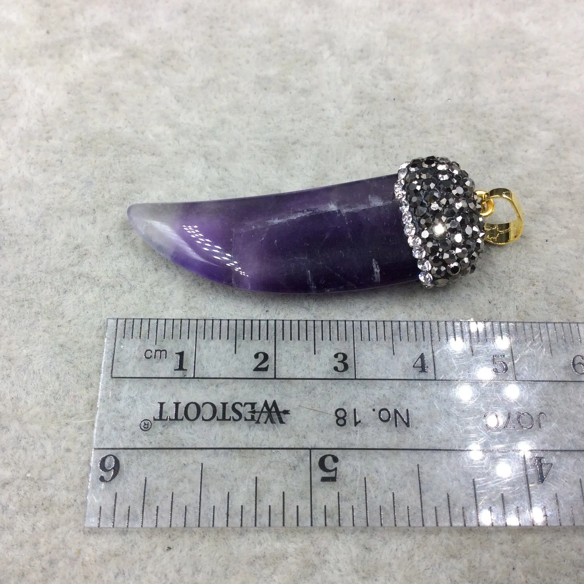 Rhinestone Encrusted Tusk/Claw Shaped Purple/Clear Colored Amethyst Pendant W Gold Bail -  ~ 19mm x 43mm, Approx. - Sold Individually