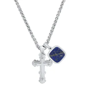 ROBUST Mens Stainless Steel Cushion Lapis Tag and Cross Pendant with 20 inch Round Wheat Chain