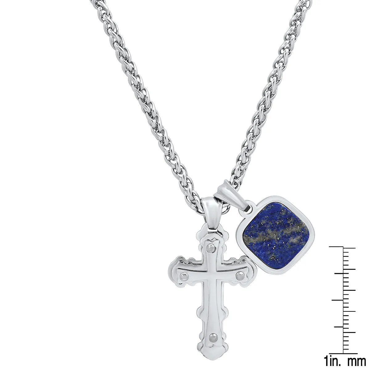 ROBUST Mens Stainless Steel Cushion Lapis Tag and Cross Pendant with 20 inch Round Wheat Chain