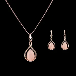 Rose Gold Jewelry Sets for Women Pink Teardrop Pendant Necklace and Earring Set Embellished with Opal Fashion Wedding Jewelry for Brides and Bridesmaid (ROSE GOLD)