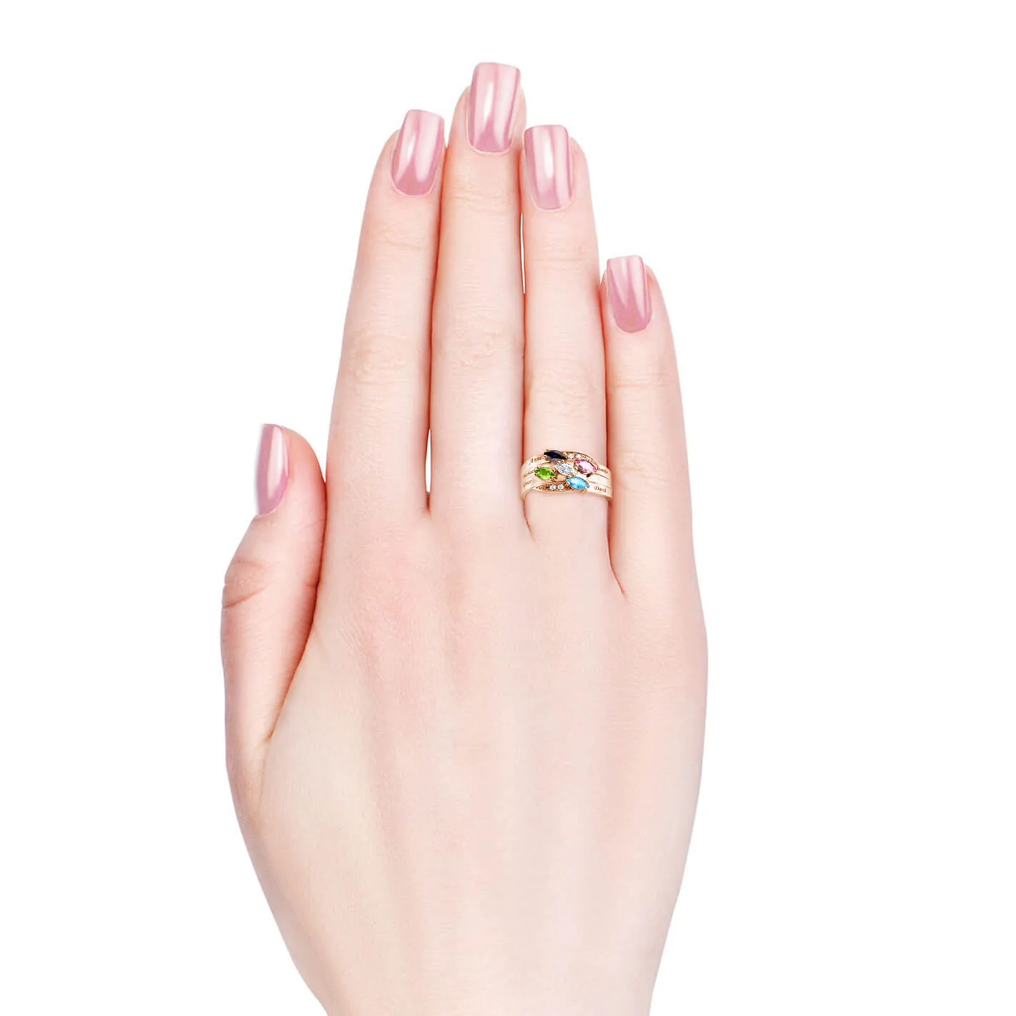Rose Gold Personalised Ring for Mum, Engraved Name Ring for Her, 5 Birthstones Ring