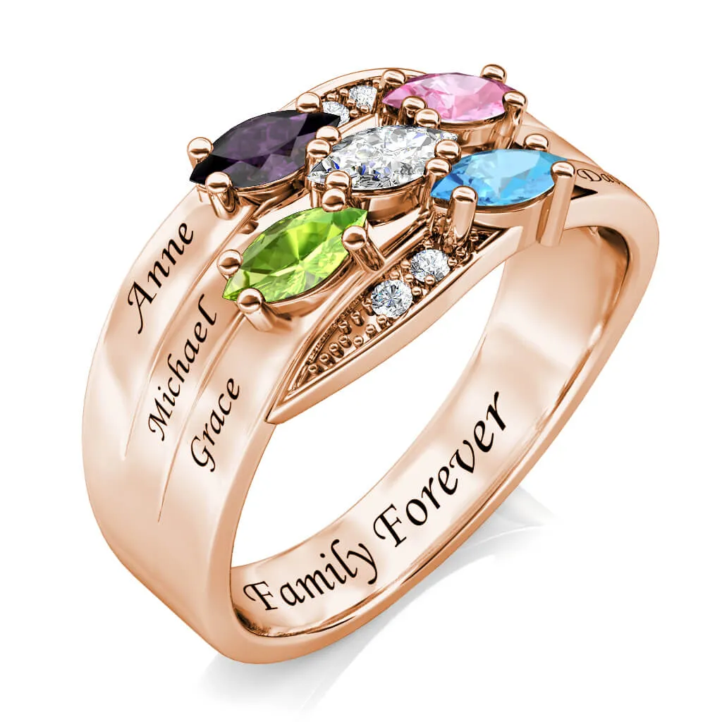 Rose Gold Personalised Ring for Mum, Engraved Name Ring for Her, 5 Birthstones Ring