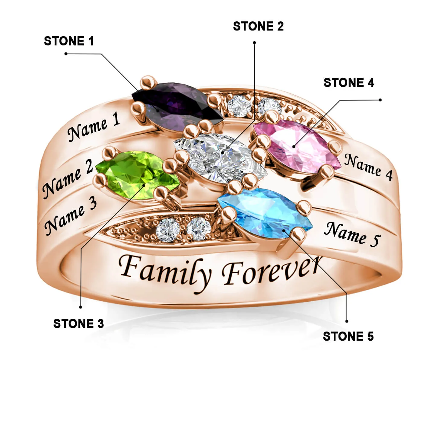 Rose Gold Personalised Ring for Mum, Engraved Name Ring for Her, 5 Birthstones Ring