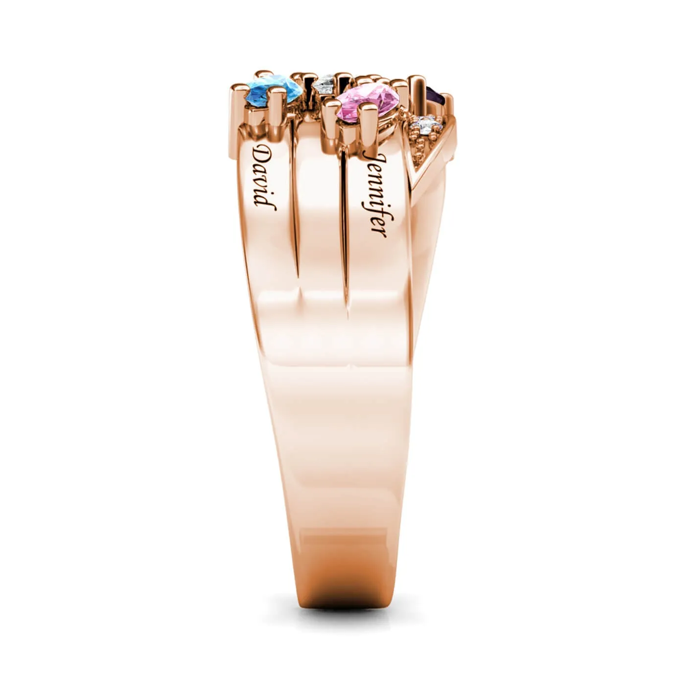 Rose Gold Personalised Ring for Mum, Engraved Name Ring for Her, 5 Birthstones Ring