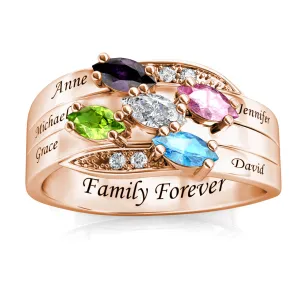 Rose Gold Personalised Ring for Mum, Engraved Name Ring for Her, 5 Birthstones Ring