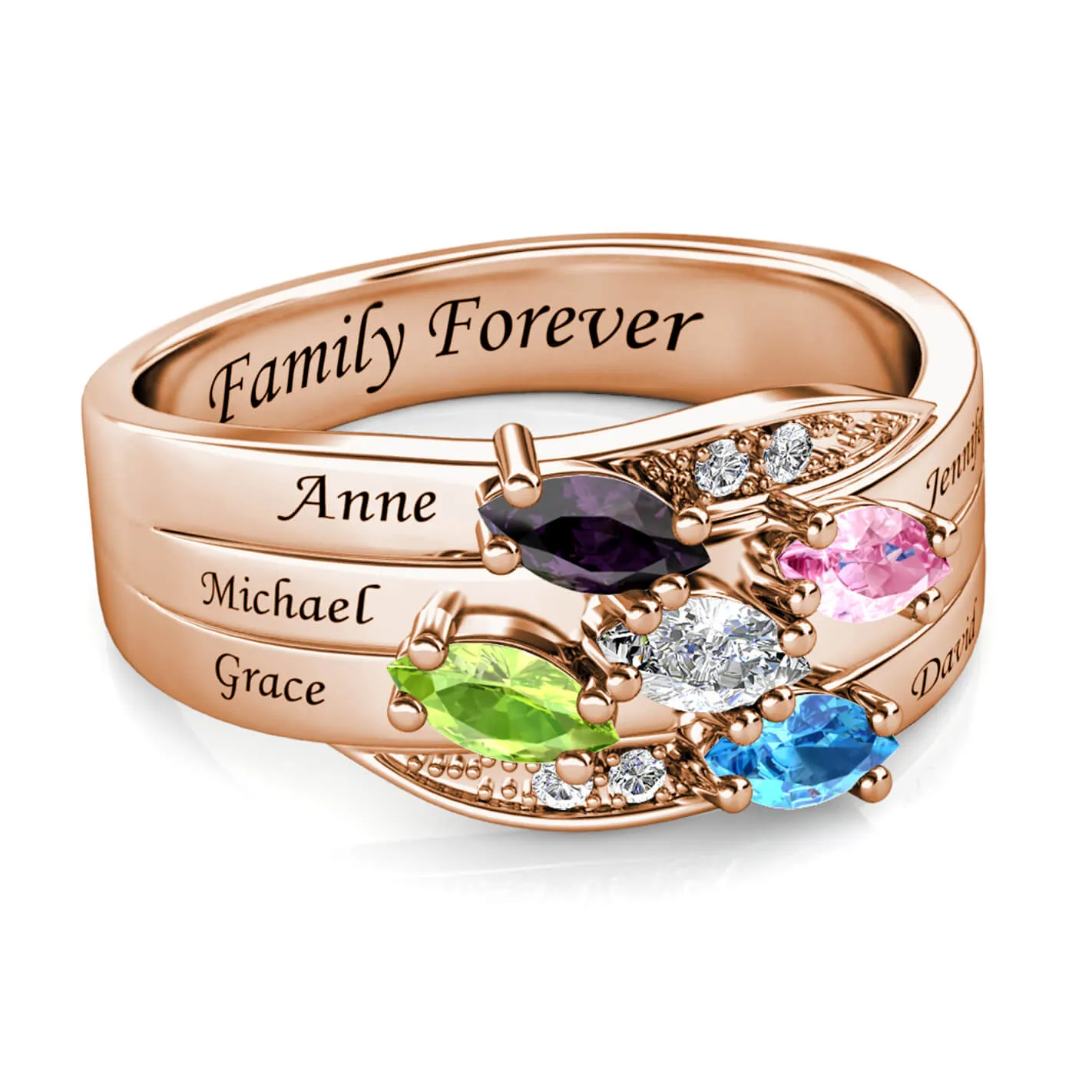 Rose Gold Personalised Ring for Mum, Engraved Name Ring for Her, 5 Birthstones Ring
