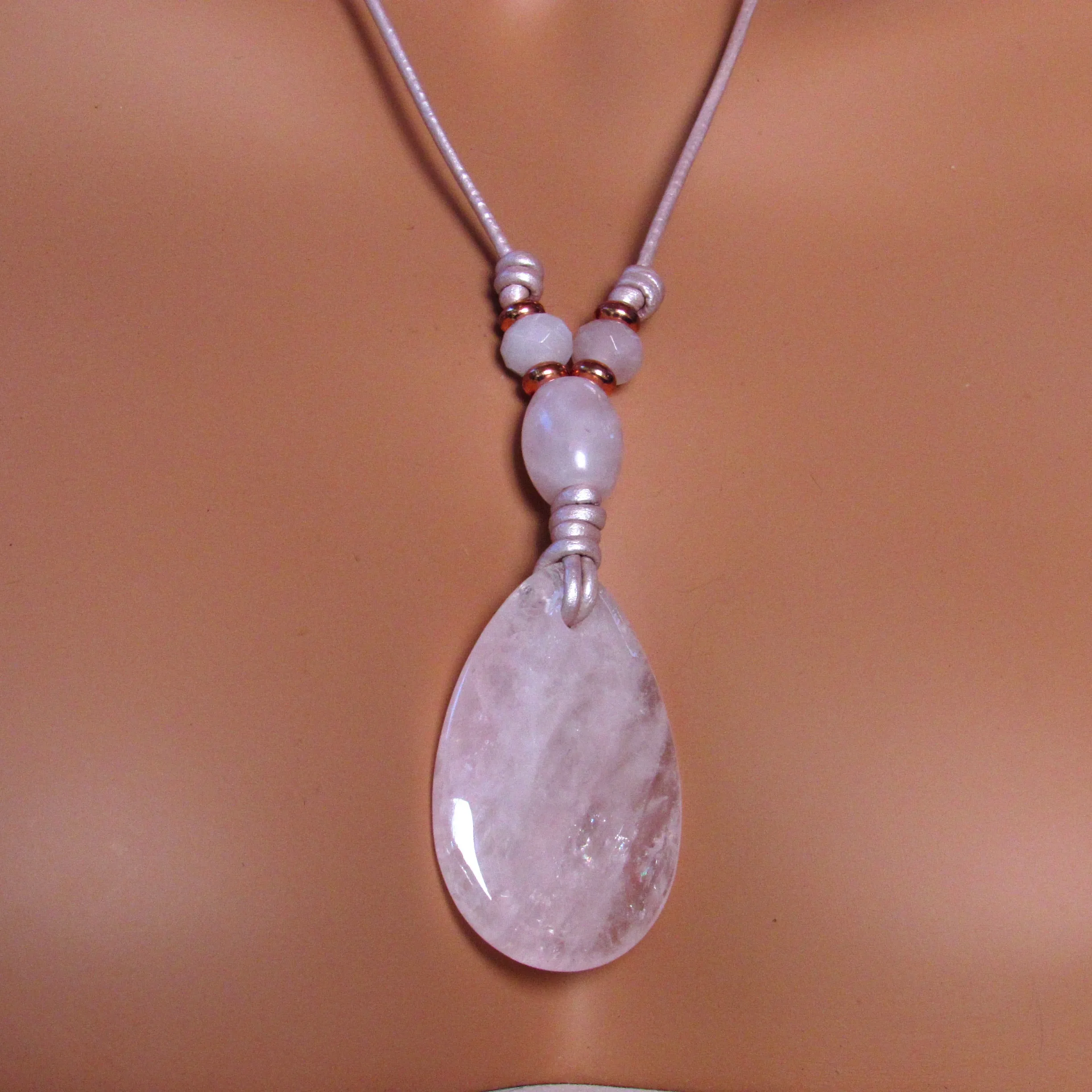 Rose Quartz and Copper on Pink Leather Necklace