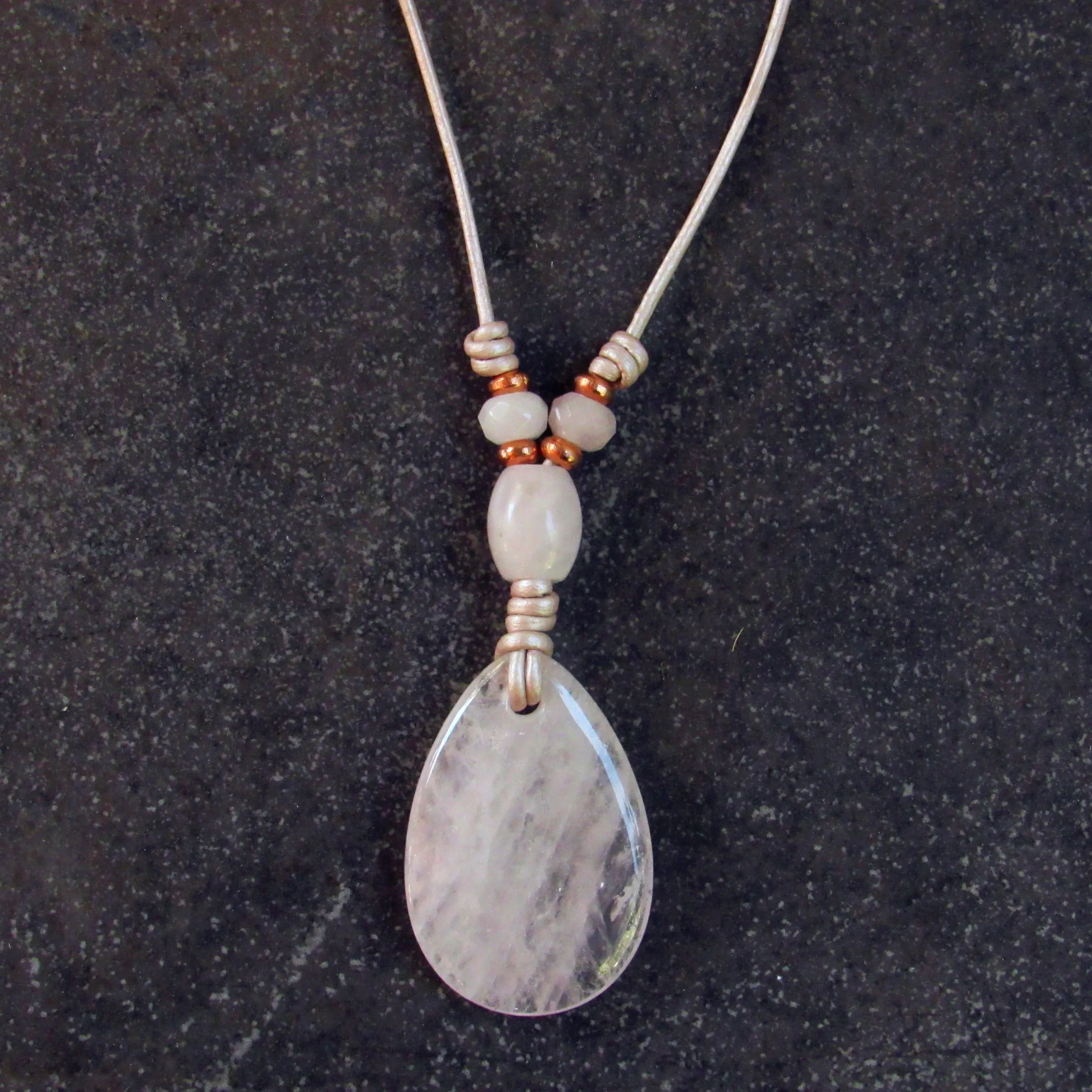 Rose Quartz and Copper on Pink Leather Necklace