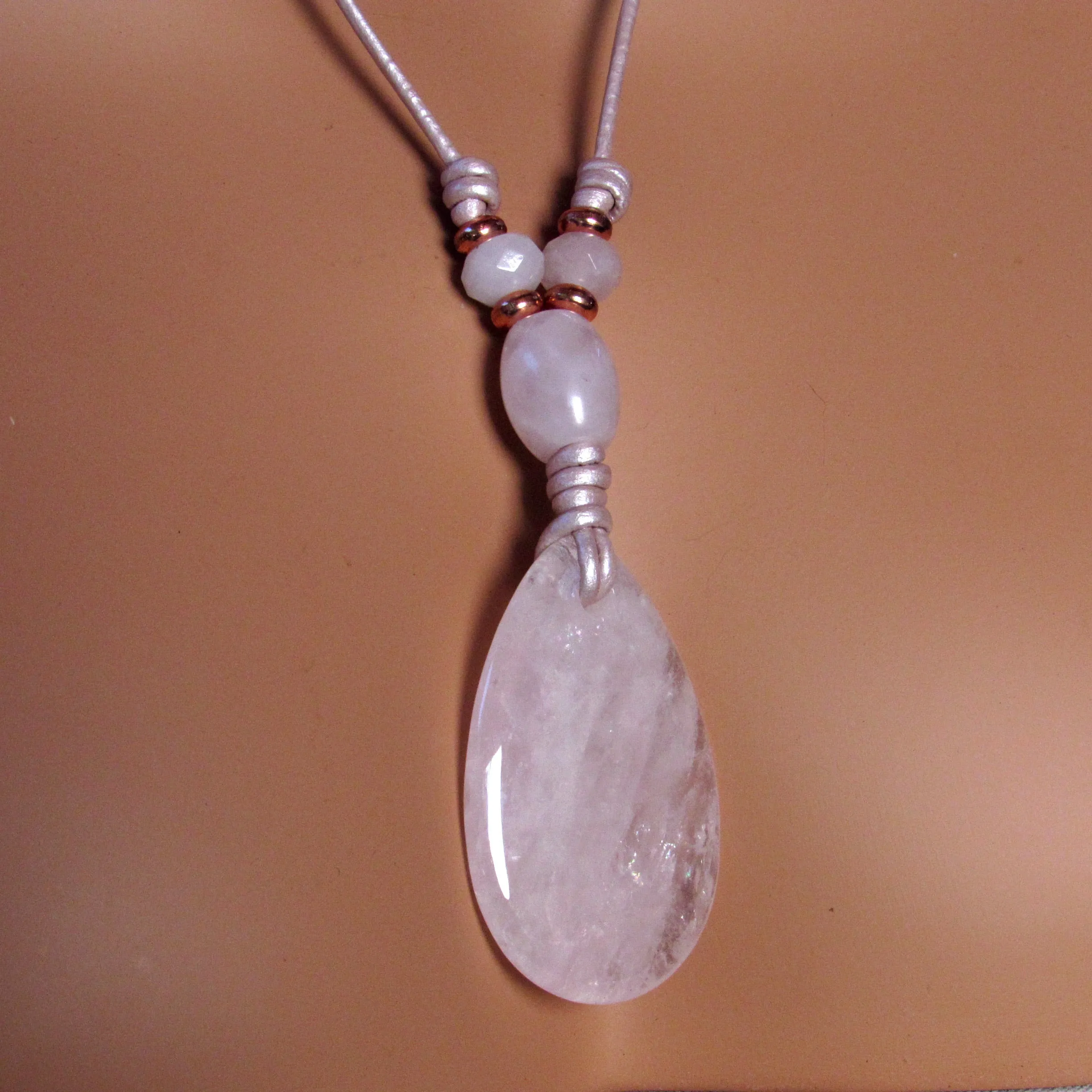Rose Quartz and Copper on Pink Leather Necklace