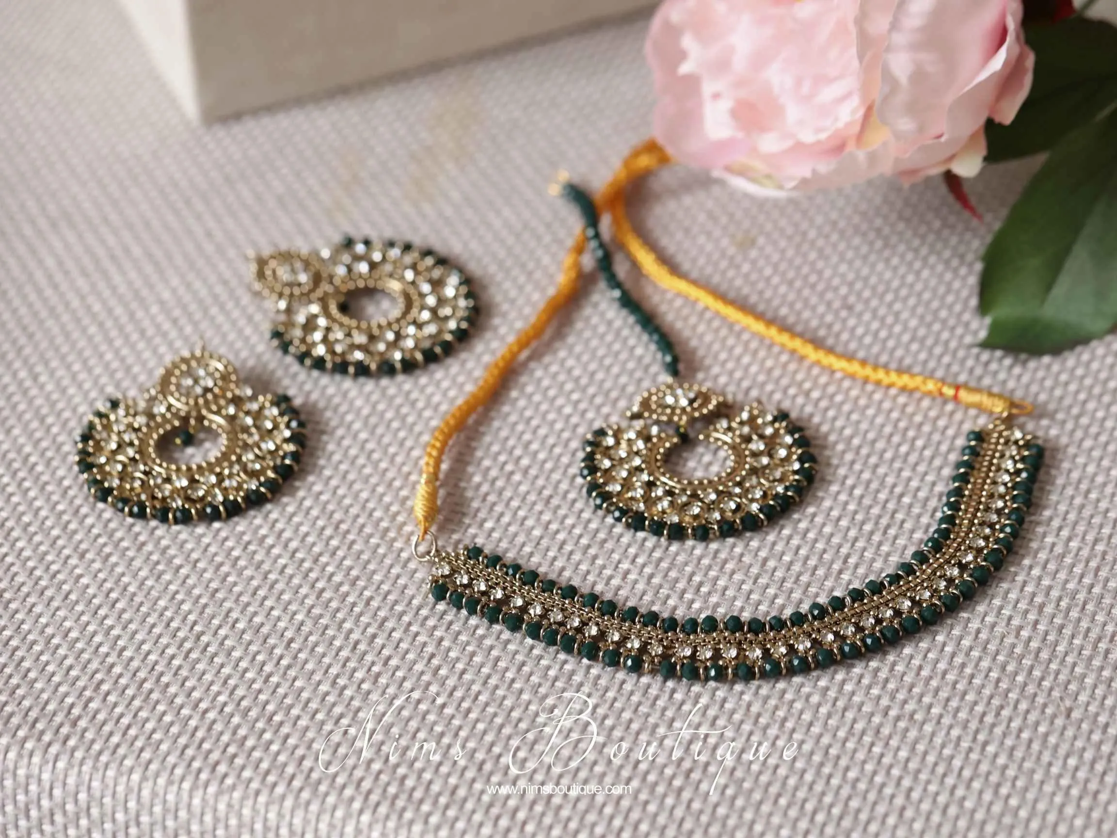 Royal Antique Gold & Dark Teal Green Chand Tikka Set